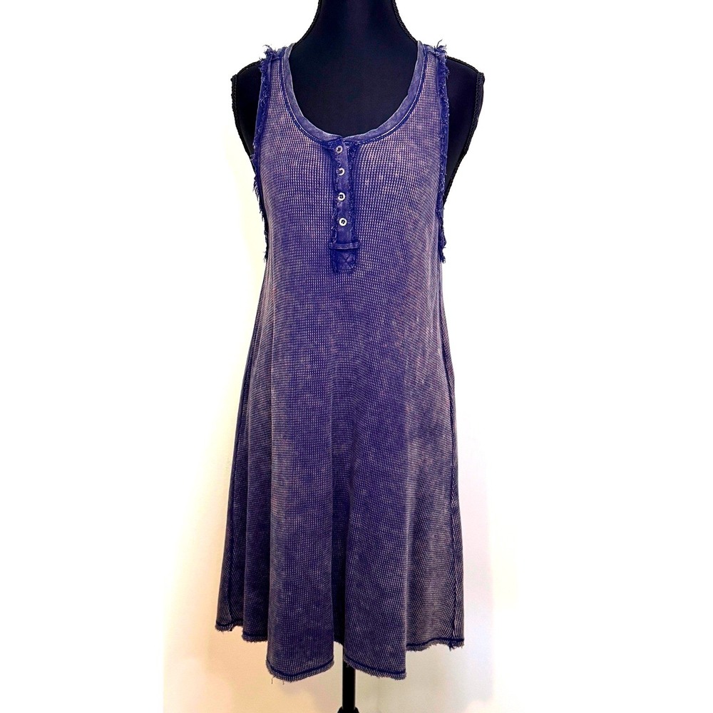 Loveriche Blue Acid Wash Waffle Knit Henley Mini Dress Sleeveless LD41712 Small